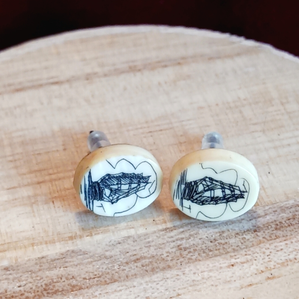 Vintage Scrimshaw Ship post earrings